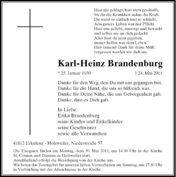 Traueranzeige von Karl-Heinz Brandenburg von Rheinische Post