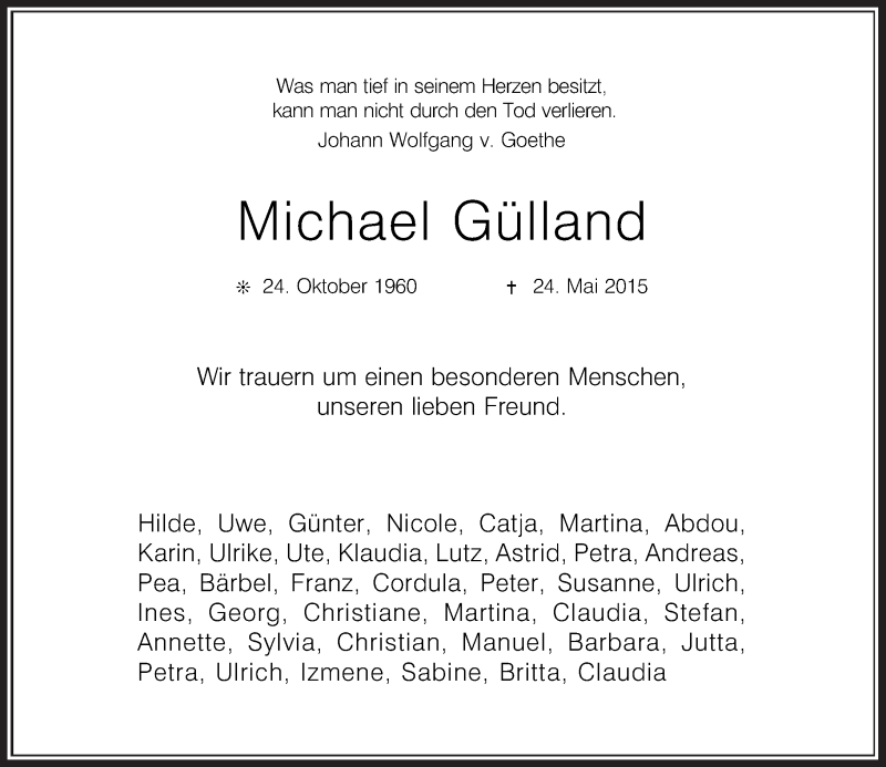  Traueranzeige für Michael Gülland vom 30.05.2015 aus Rheinische Post