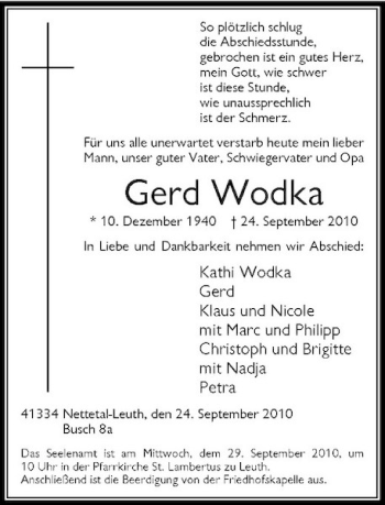 Traueranzeige von Gerd Wodka von Rheinische Post