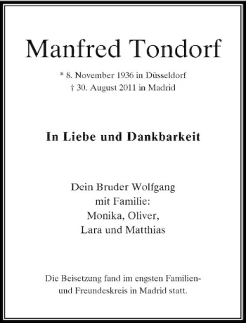 Traueranzeige von Manfred Tondorf von Rheinische Post