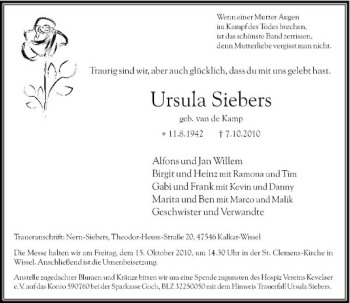 Traueranzeige von Ursula Siebers von Rheinische Post