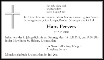 Traueranzeige von Hans Fervers von Rheinische Post