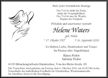 Traueranzeige von Helene Waters von Rheinische Post