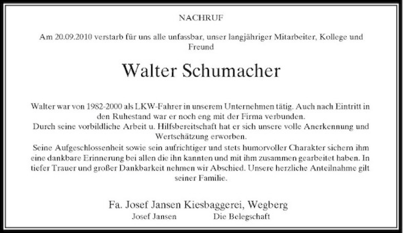  Traueranzeige für Walter Schumacher vom 28.09.2010 aus Rheinische Post