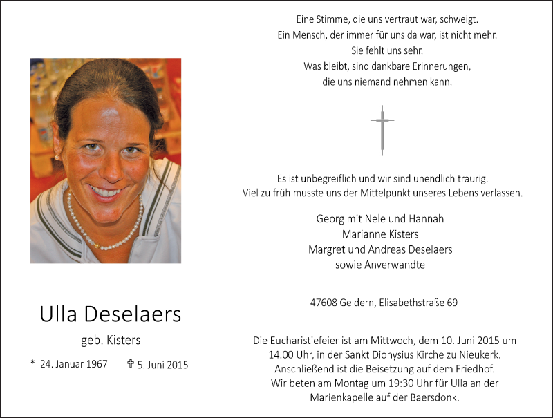  Traueranzeige für Ulla Deselaers vom 08.06.2015 aus Rheinische Post