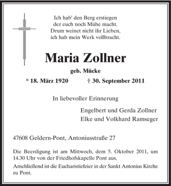 Traueranzeige von Maria Zollner von Rheinische Post