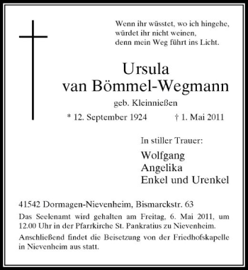 Traueranzeige von Ursula van Bömmel-Wegmann von Rheinische Post
