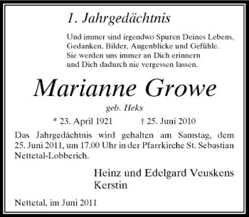 Traueranzeige von Marianne Growe von Rheinische Post
