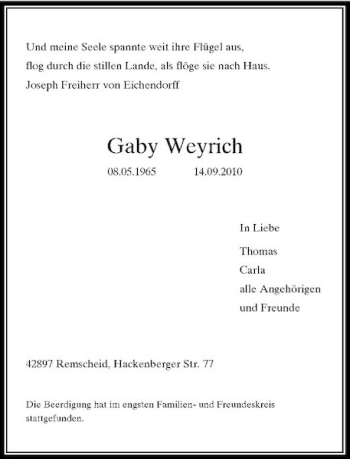 Traueranzeige von Gaby Weyrich von Rheinische Post