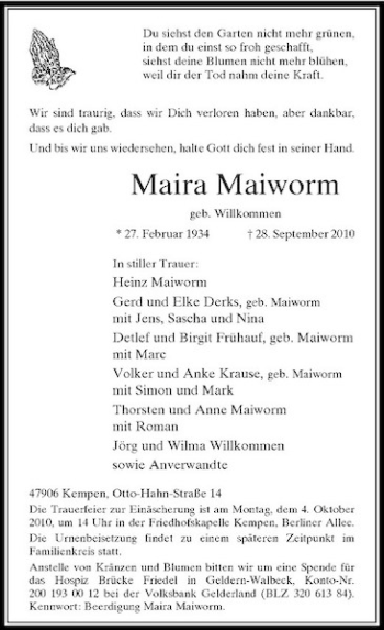 Traueranzeige von Maira Maiworm von Rheinische Post