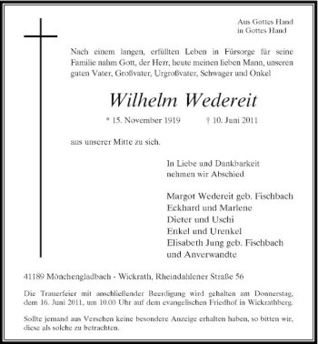Traueranzeige von Wilhelm Wedereit von Rheinische Post