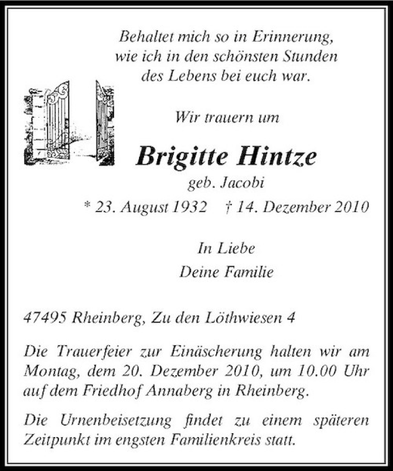  Traueranzeige für Brigitte Hintze vom 17.12.2010 aus Rheinische Post