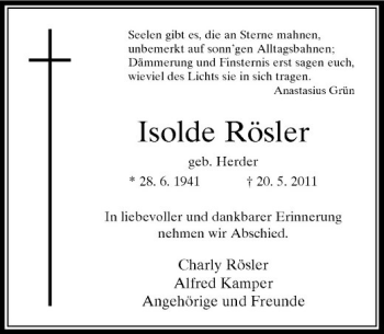 Traueranzeige von Isolde Rösler von Rheinische Post