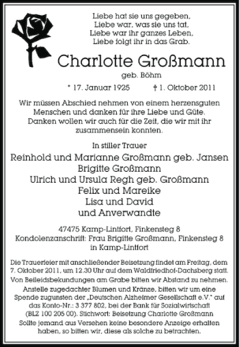 Traueranzeige von Charlotte Großmann von Rheinische Post