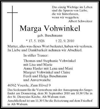 Traueranzeige von Marga Vohwinkel von Rheinische Post