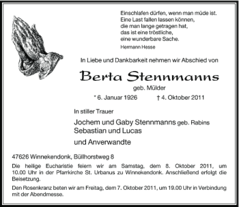 Traueranzeige von Berta Stennmanns von Rheinische Post