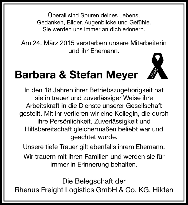  Traueranzeige für Barbara und Stefan Meyer vom 01.07.2015 aus Rheinische Post