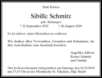 Traueranzeige von Sibille Schmitz von Rheinische Post