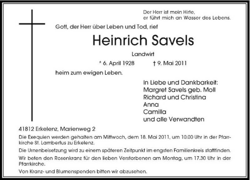  Traueranzeige für Heinrich Savels vom 13.05.2011 aus Rheinische Post