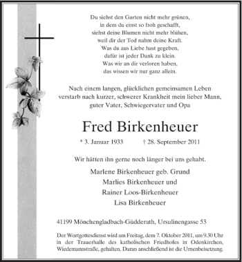 Traueranzeige von Fred Birkenheuer von Rheinische Post