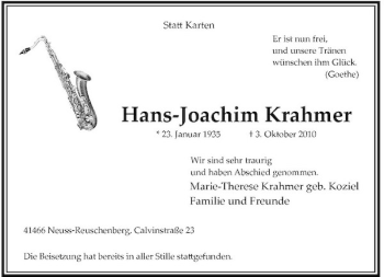 Traueranzeige von Hans-Joachim Krahmer von Rheinische Post