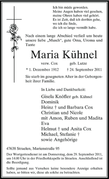 Traueranzeige von Maria Kühnel von Rheinische Post