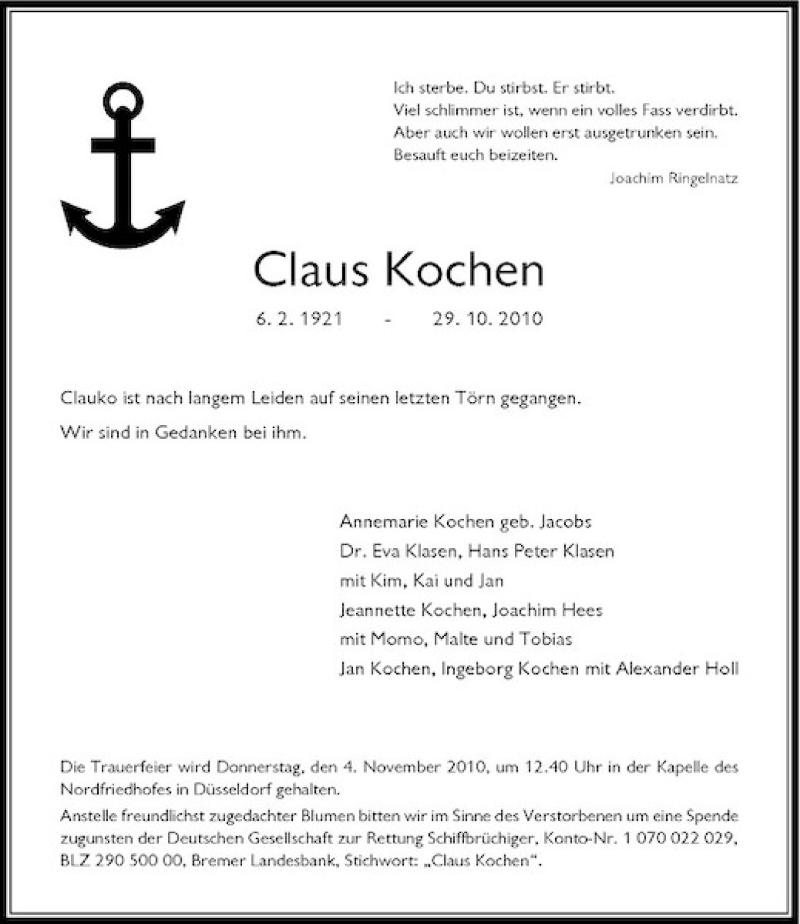  Traueranzeige für Claus Kochen vom 01.11.2010 aus Rheinische Post