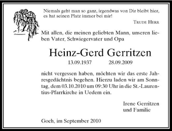 Traueranzeige von Heinz-Gerd Gerritzen von Rheinische Post