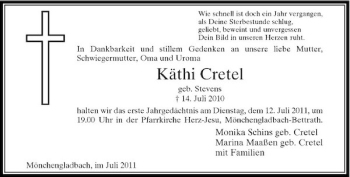 Traueranzeige von Käthi Cretel von Rheinische Post