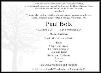 Traueranzeige von Paul Bolz von Rheinische Post