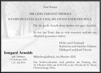 Traueranzeige von Irmgard Arnolds von Rheinische Post