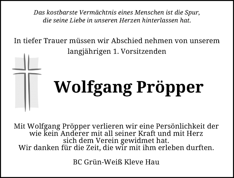  Traueranzeige für Wolfgang Pröpper vom 01.06.2015 aus Rheinische Post