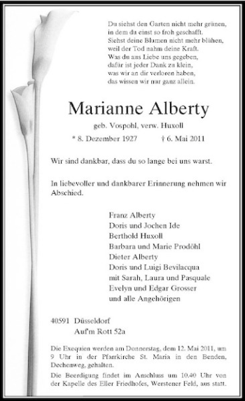 Traueranzeige von Marianne Alberty von Rheinische Post