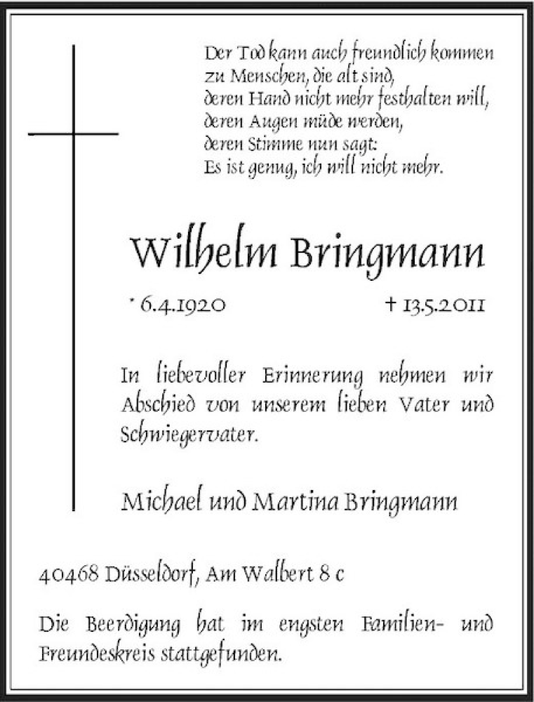  Traueranzeige für Wilhelm Bringmann vom 21.05.2011 aus Rheinische Post