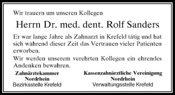 Traueranzeige von Herrn Dr. med. dent. Rolf Sanders von Rheinische Post