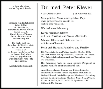 Traueranzeige von Klever Dr. med. Peter von Rheinische Post