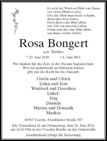 Traueranzeige von Rosa Bongert von Rheinische Post