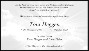 Traueranzeige von Toni Heggen von Rheinische Post
