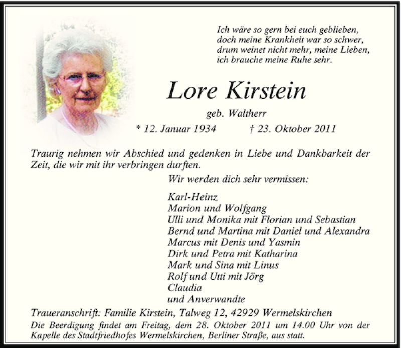  Traueranzeige für Lore Kirstein vom 26.10.2011 aus Rheinische Post