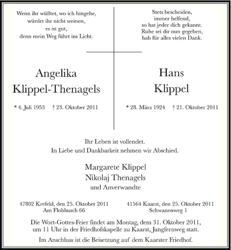 Traueranzeige für Angelika Klippel-Thenagels Hans Klippel vom 27.10.2011 aus Rheinische Post