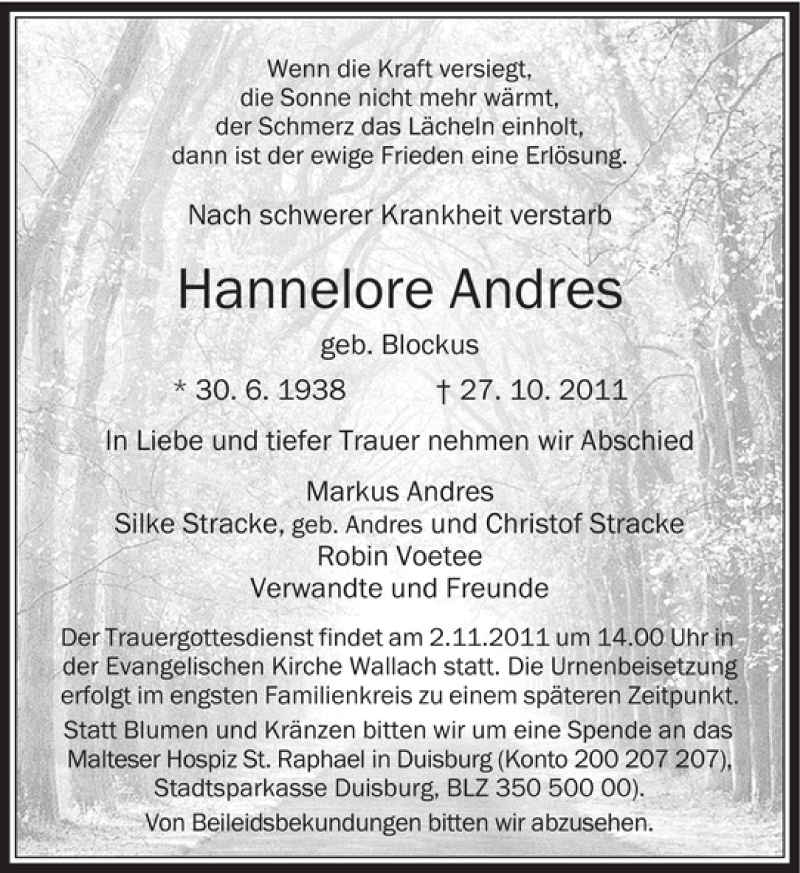  Traueranzeige für Andres Hannelore vom 29.10.2011 aus Rheinische Post