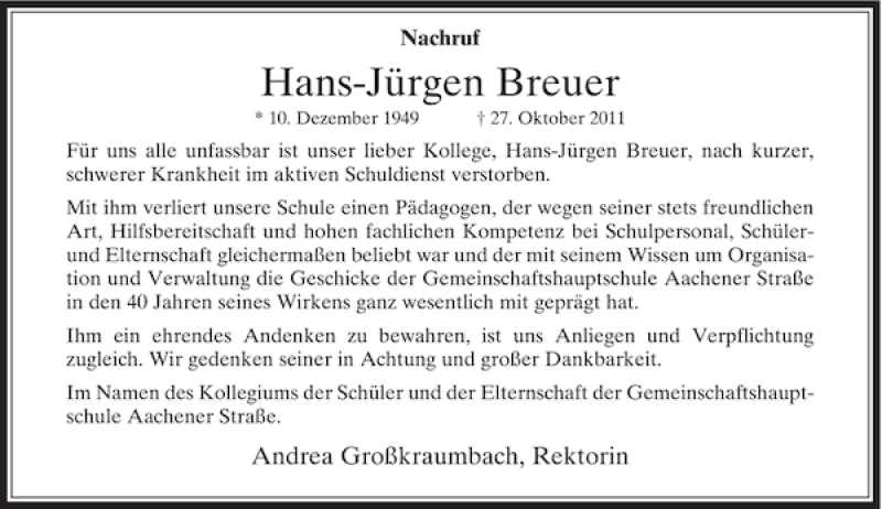  Traueranzeige für Hans-Jürgen Breuer vom 31.10.2011 aus Rheinische Post