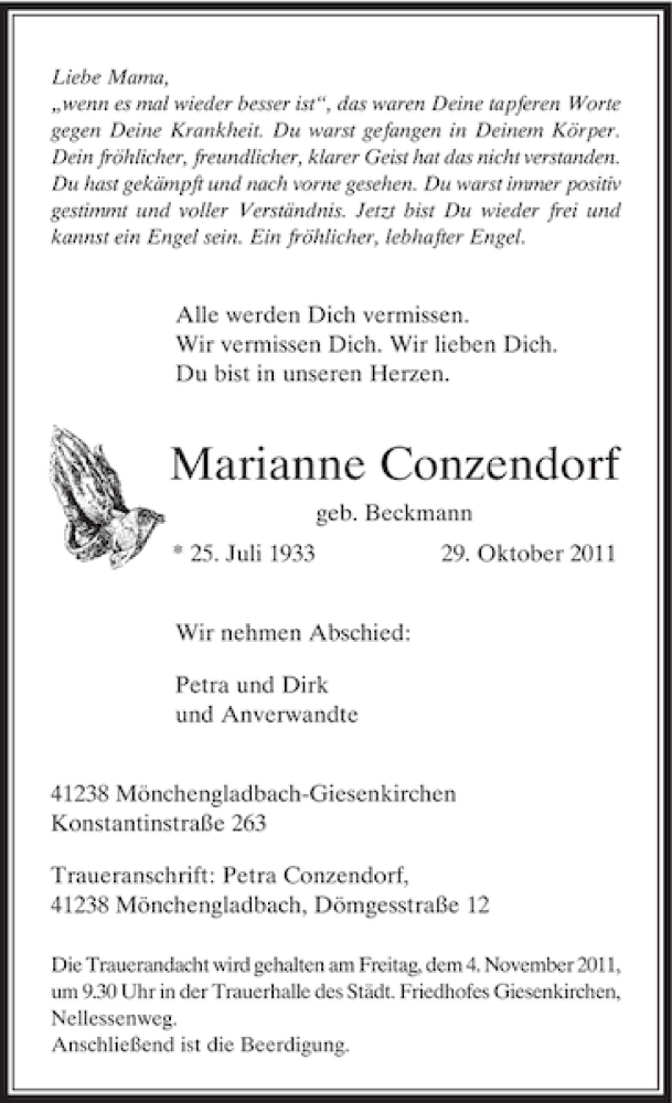  Traueranzeige für Conzendorf Marianne vom 01.11.2011 aus Rheinische Post