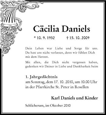 Traueranzeige von Cäcilia Daniels von Rheinische Post