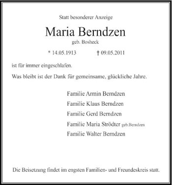 Traueranzeige von Maria Berndzen von Rheinische Post