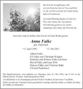 Traueranzeige von Anna Falke von Rheinische Post