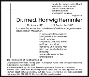Traueranzeige von Dr. med. Hartwig Hemmler von Rheinische Post