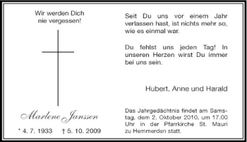 Traueranzeige von Marlene Janssen von Rheinische Post