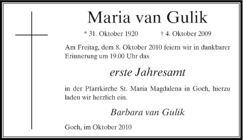  Traueranzeige für Maria van Gulik vom 04.10.2010 aus Rheinische Post