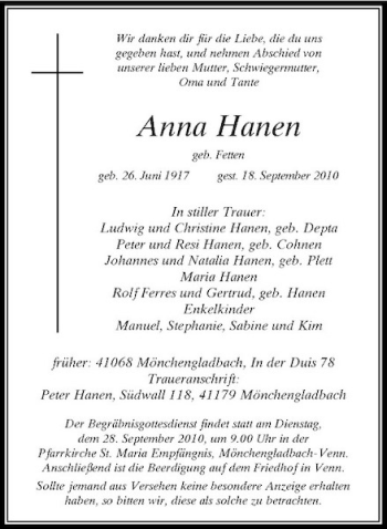 Traueranzeige von Anna Hanen von Rheinische Post